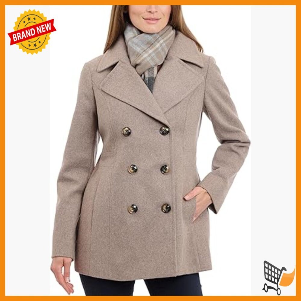 Plus Size Wool Blend Peacoat with Scarf Double Breasted Winter Coat